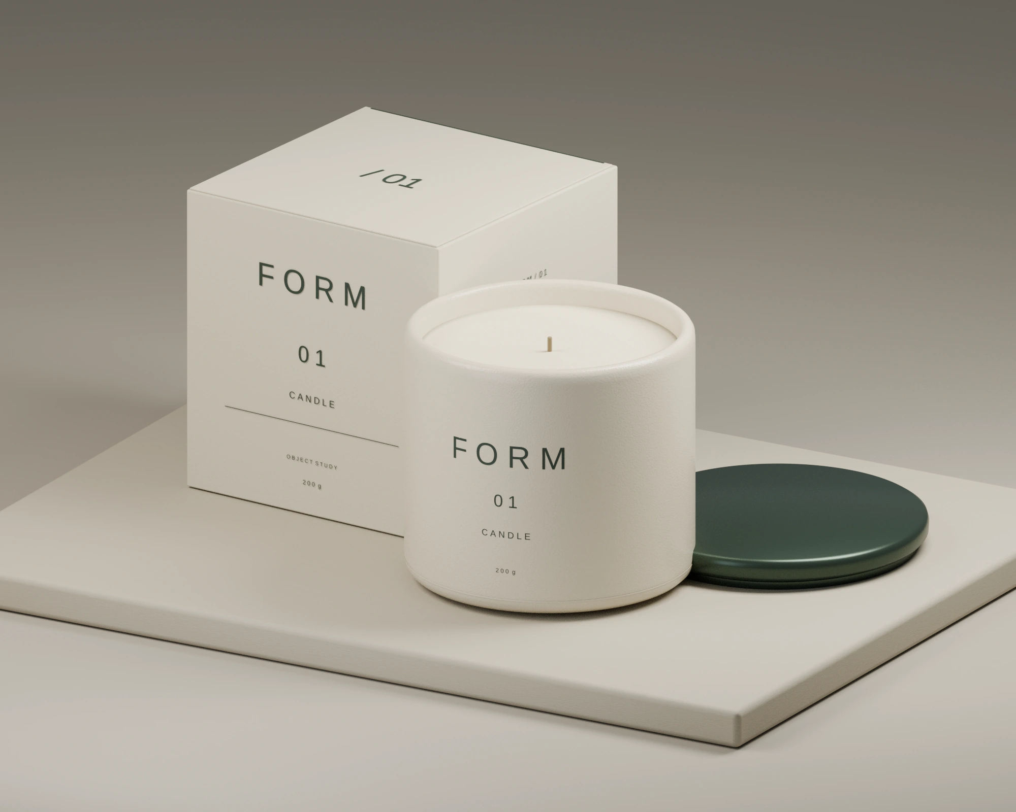 Cream candle and carton with a deep green lid