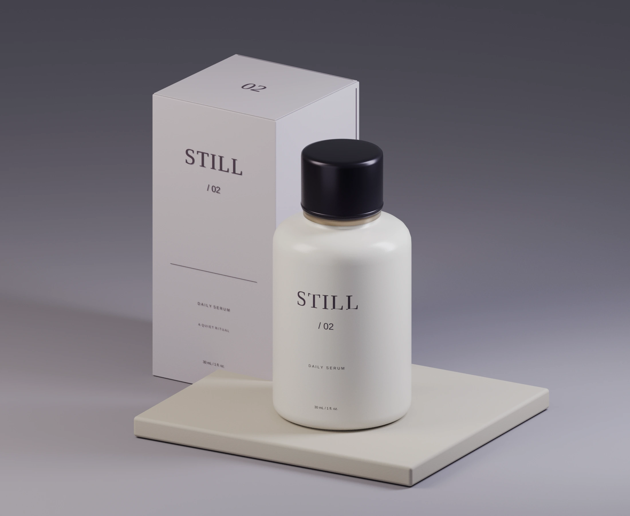 Satin skincare bottle with charcoal cap and lilac carton