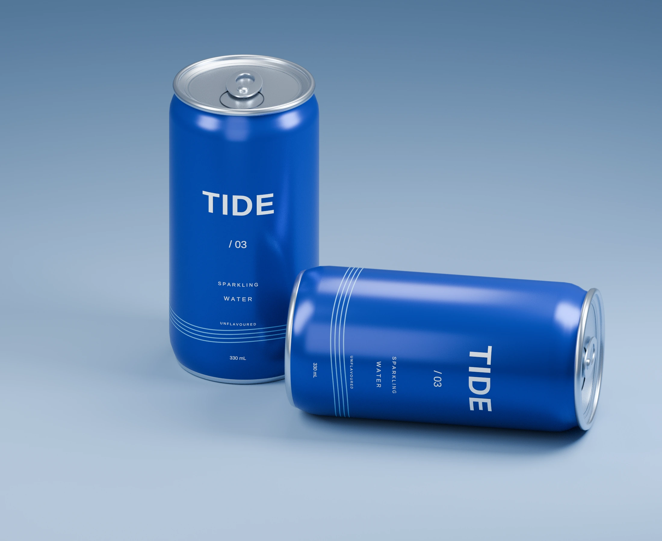 Two blue sparkling water cans with aluminium ends